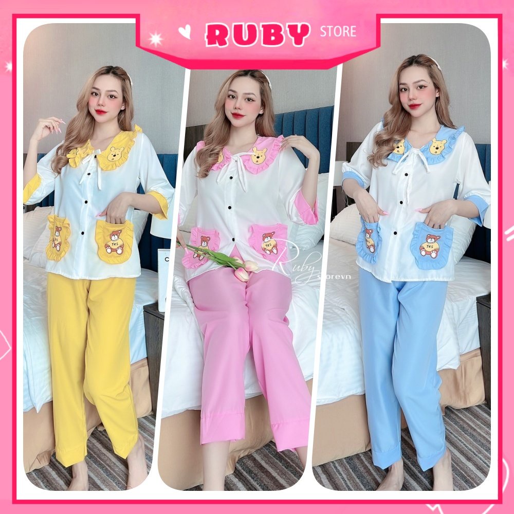 Đồ bộ nữ mặc nhà chất kate mềm mát in hình gấu hoạt hình dễ thương Đồ bộ tiểu thư DBKIHTN78