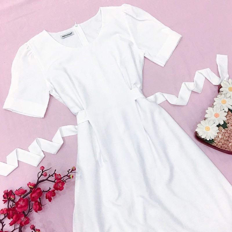 Váy Đầm Maxi trắng cổ tròn thắt eo Neppy Fashion