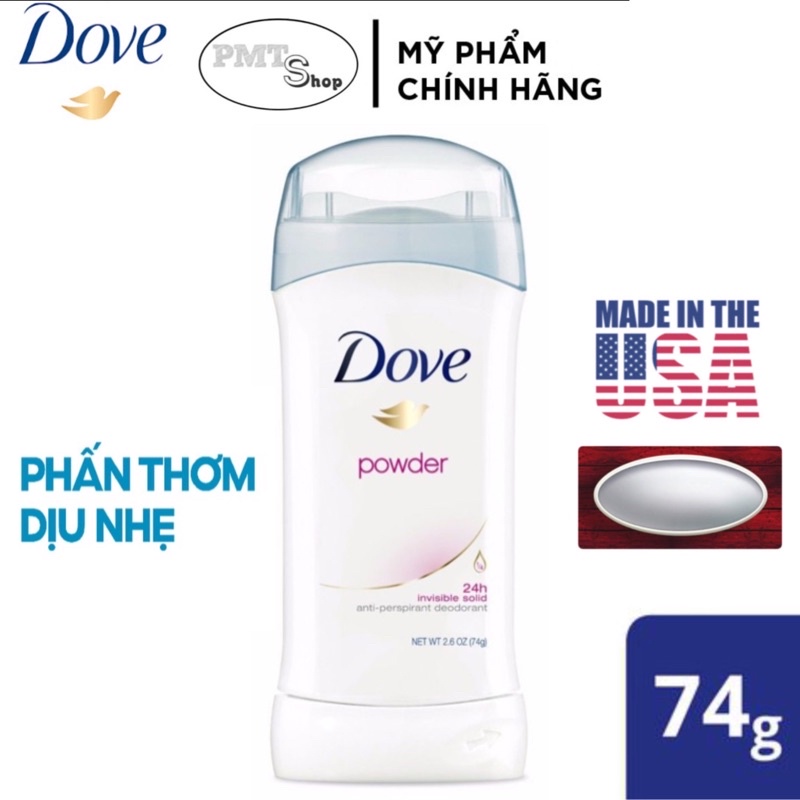 [USA] Lăn sáp khử mùi nữ Dove Powder Invisible solid 74g khô thoáng suốt 24h - Mỹ