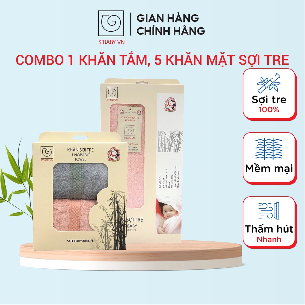 BỘ KHĂN QUÀ TẶNG gồm 6 Khăn(Tắm/Mặt) Sợi Tre Cao Cấp S'BABY Mềm Mịn, An Toàn Cho Da - CB000005 (8936137960103-0035-0059)