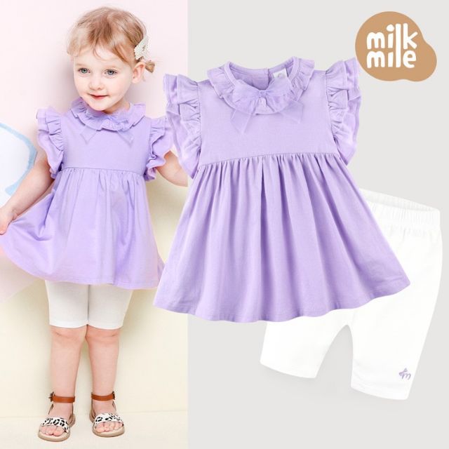 Bộ Milk Mile tím, cổ tròn đính nơ VNXK