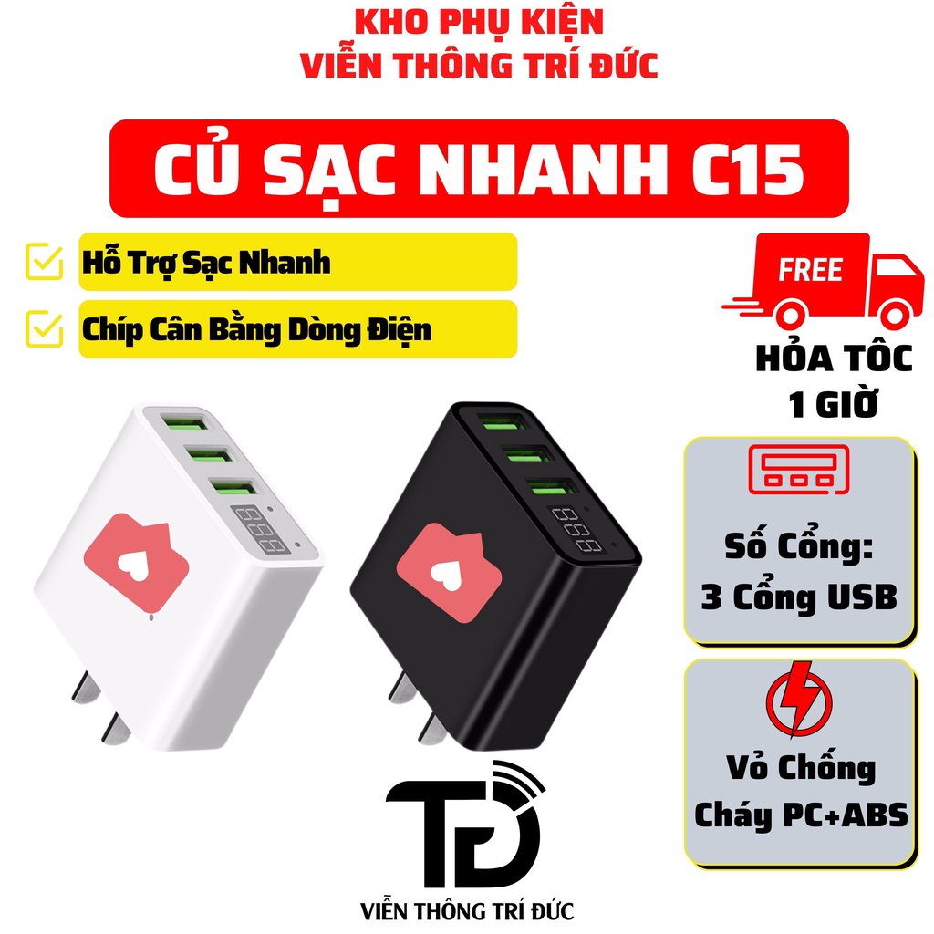 Cốc Sạc 3 Cổng USB Ho.co C15 -Sạc Nhanh - Tích Hợp Màn Hình LED - Chíp Cân Bằng Dòng Điện- Vỏ Chống Cháy PC+ABS- BH 6 Th