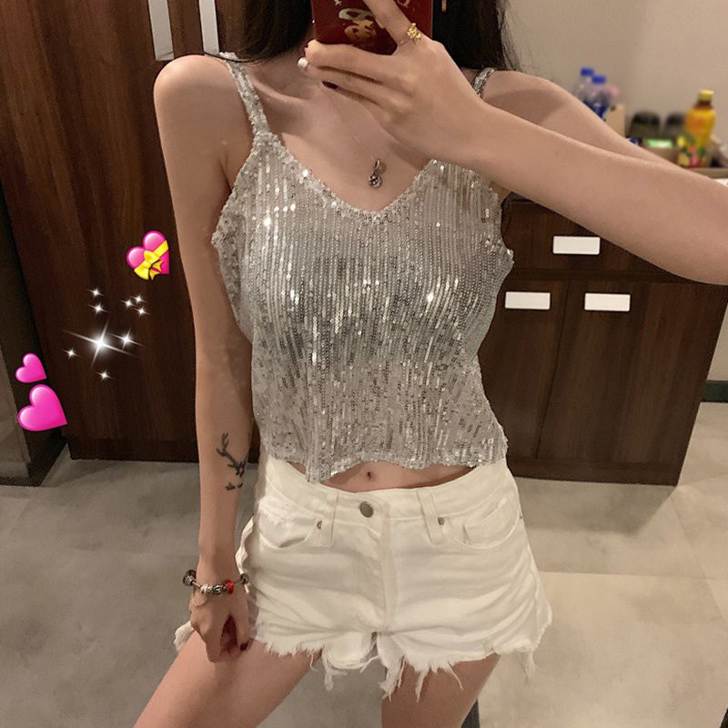 Women's V Neck Glitter Loose Sequined Tank Top