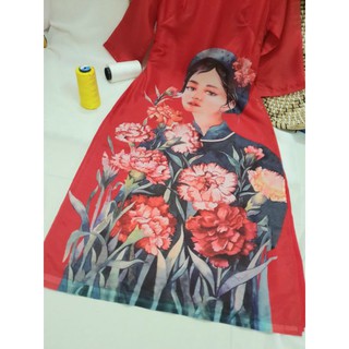 ÁO DÀI VINTAGE CÔ GÁI ĐỎ, CHẤT LỤA MỀM CAO CẤP