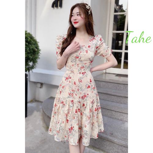 Váy hoa voan mềm mại thiết kế họa tiết hoa tiểu thư Tahe V83