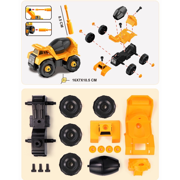 Bộ đồ chơi lắp ráp xe công trình gồm 6 xe kèm hộp đựng, tua vít, nhựa nguyên sinh cho bé KB221021