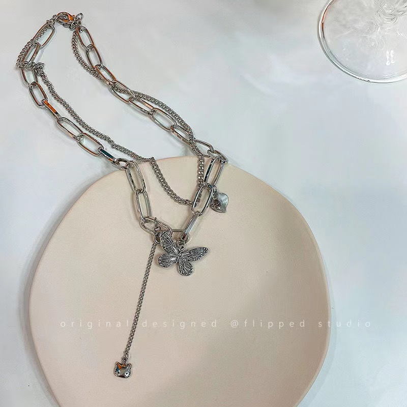 Vòng cổ IF YOU mạ bạc mặt hình trái tim/bướm phong cách Hàn Quốc