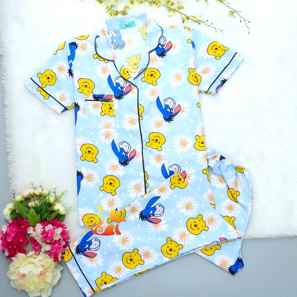 Đồ Bộ Mặc Nhà "Gấu Pu - Hoa Cúc" Pijama Kate Thái Quần Dài - Dưới 60kg.