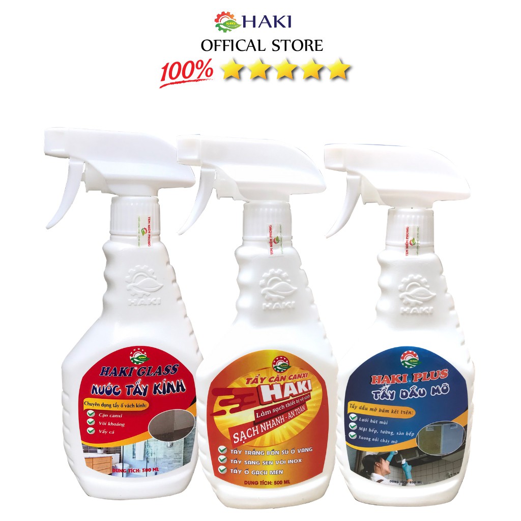 Combo siêu tẩy rửa: Tẩy cặn canxi Haki + Tẩy dầu mỡ Haki Plus + Tẩy kính Haki Glass (500ml)