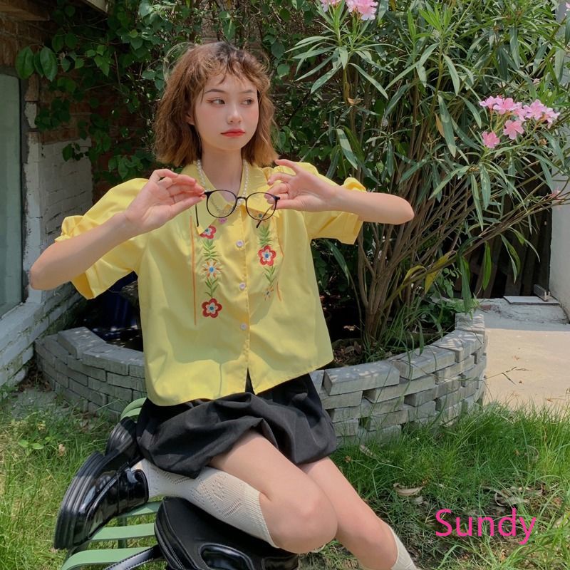 Plus Áo Kiểu Tay Phồng Thêu Họa Tiết Phong Cách Vintage Pháp Cho Nữ