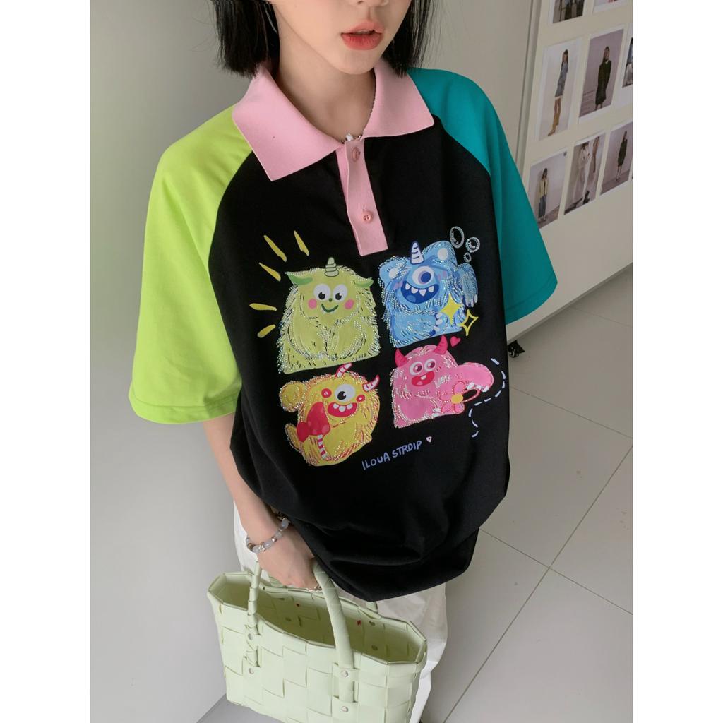 「 WELOVE1 」Áo Thun Cotton Tay Ngắn Raglan In Họa Tiết Hoạt Hình Màu Tương Phản Đa Năng Cho Nữ