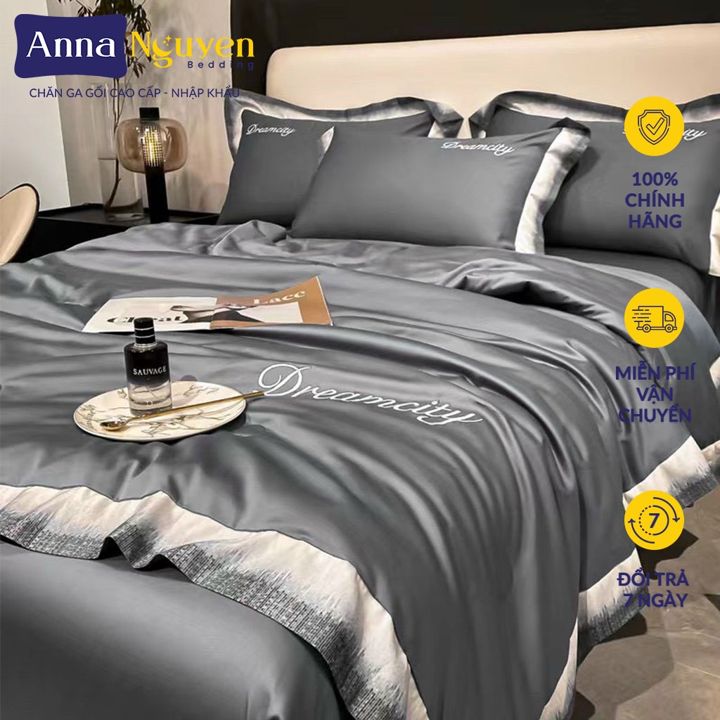 Bộ Chăn Ga Gối Đệm Lụa Thái Tencel Dream City Drap Giường Phi Bóng Cao Cấp Bo Chun Drap - Anna Nguyen Bedding