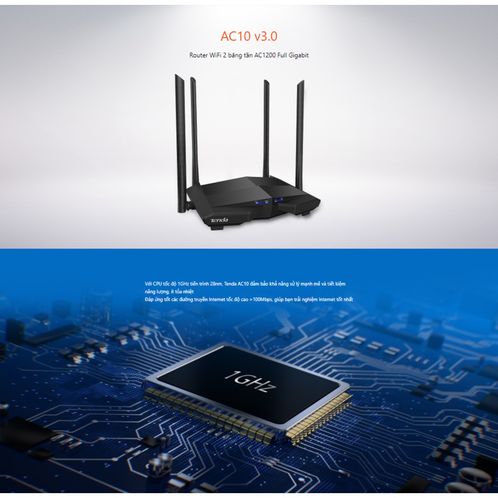 Tenda AC10 Thiết Bị Phát Wifi AC1200M Công Gigabit Băng Tần Kép 2.4G và 5G