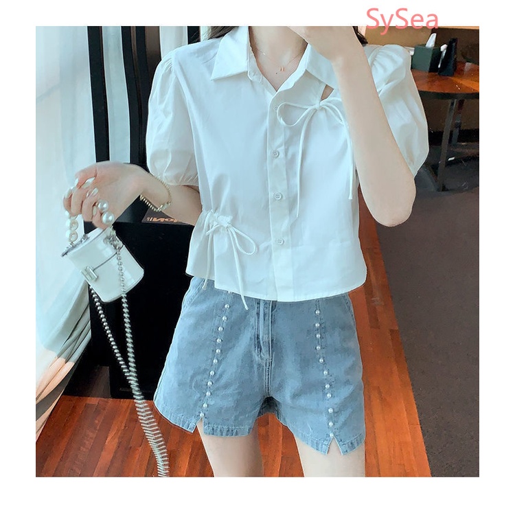 Áo Kiểu Phối Dây Rút Đính Nơ Xinh Xắn Thời Trang Mùa Hè Cho Nữ