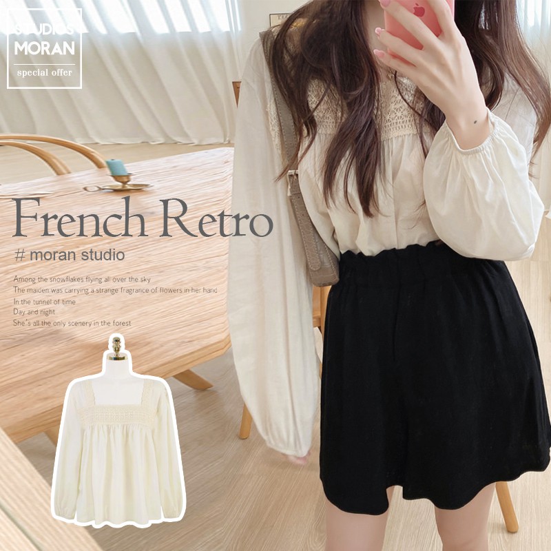 (ORDER) Áo sơ mi MORAN dáng babydoll cổ vuông phối ren điệu đà tiểu thư vintage Hàn Quốc
