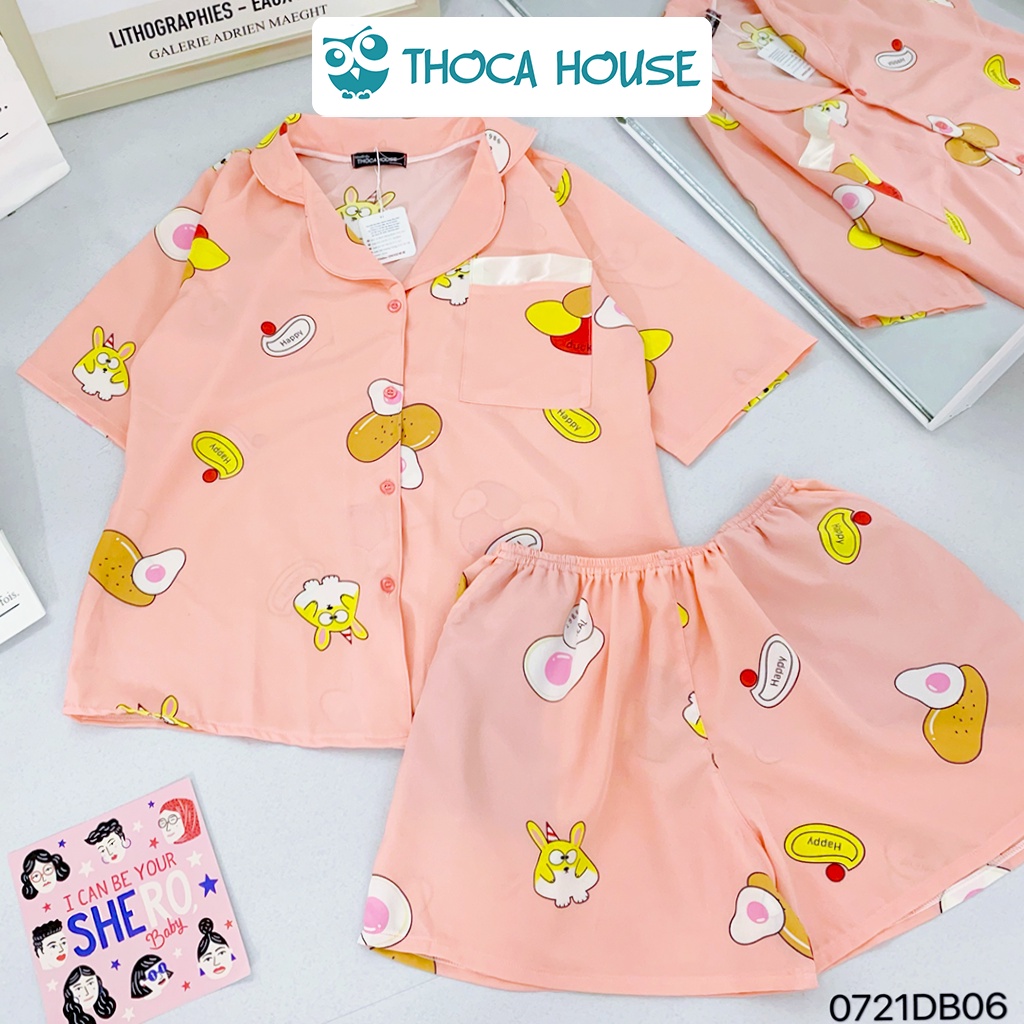 Đồ bộ pijama mặc nhà ngắn tay nhiều họa tiết THOCA HOUSE freesize dưới 57kg, mát mẻ, thoải mái, phù hợp mùa hè