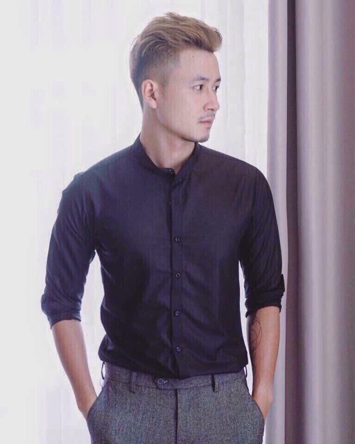 Áo sơ mi nam cổ trụ lụa nến tay dài 2 màu