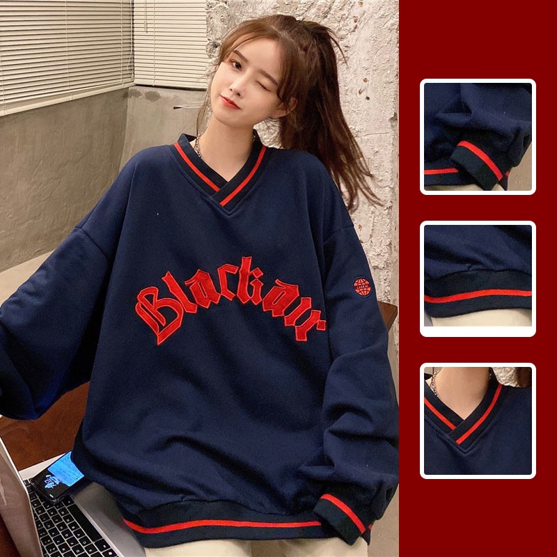 Áo Hoodie Dáng Rộng Cổ Chữ V Thêu Chữ Thời Trang