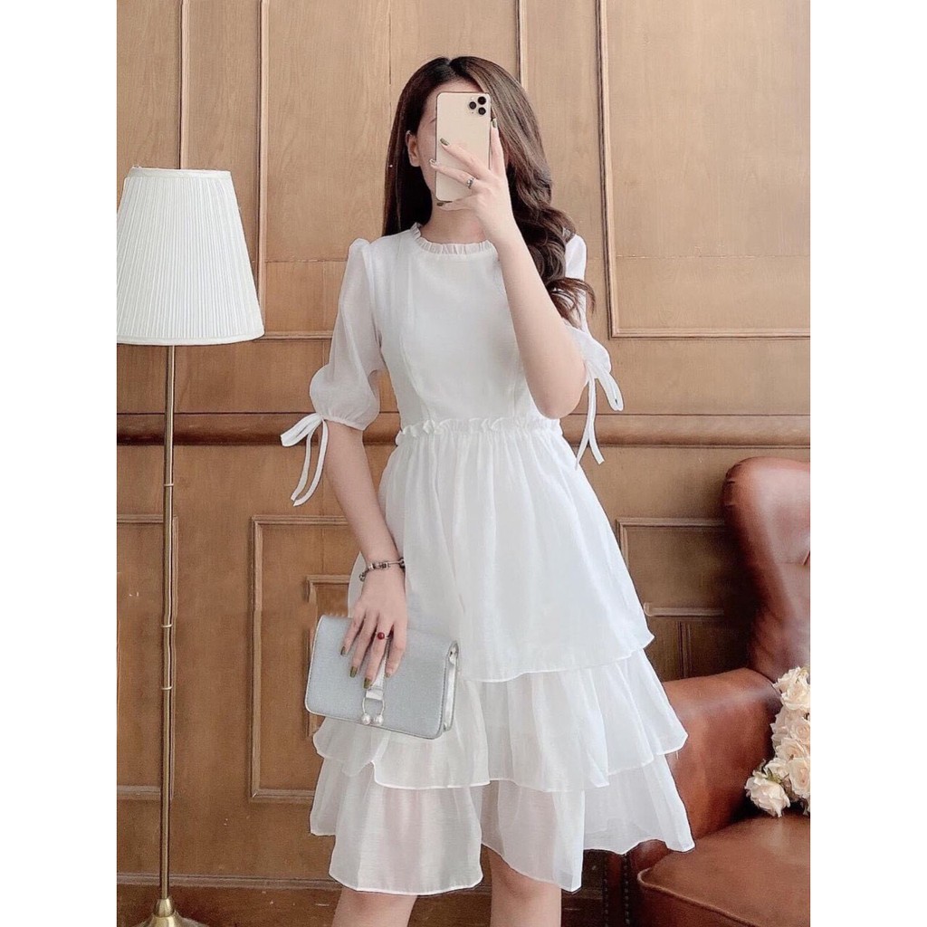 Đầm Nữ Dự Tiệc Cổ Tròn tTay Lỡ Thân Váy Nhún 3 Tầng Phù Hợp Đi Tới Sự Kiện, Tiệc ,Đi Chơi Phố -TOMGB