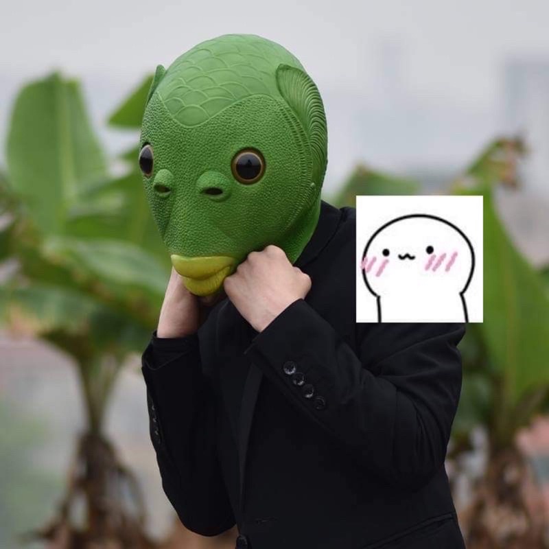 Mặt nạ rung hài hước vui nhộn dễ thương điêu khắc cá màu xanh lá cây đầu cá mặt nạ đội đầu