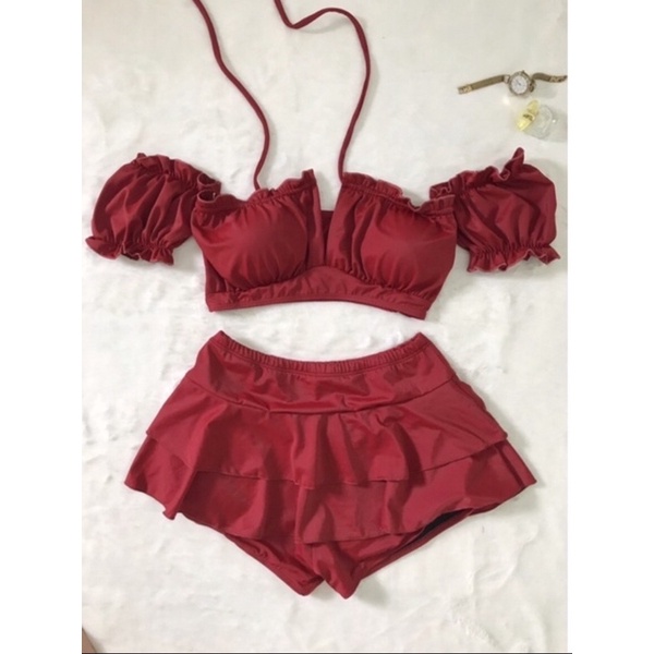 Đồ bơi nữ bikini 2 mảnh áo croptop tay bồng trễ vai phối quần chân váy bồng 2 tầng nhiều màu đi biển đẹp | BigBuy360 - bigbuy360.vn