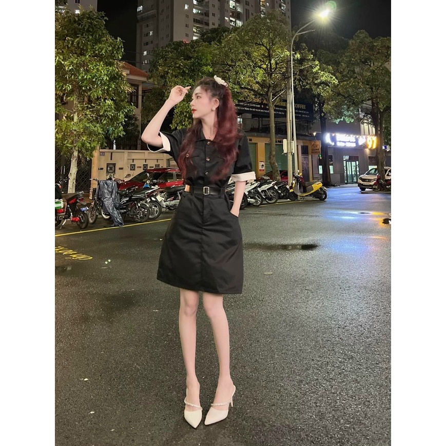 Đầm váy nữ công sở lịch sự cho các nàng với cổ vest phối viền đính nút xinh xắn