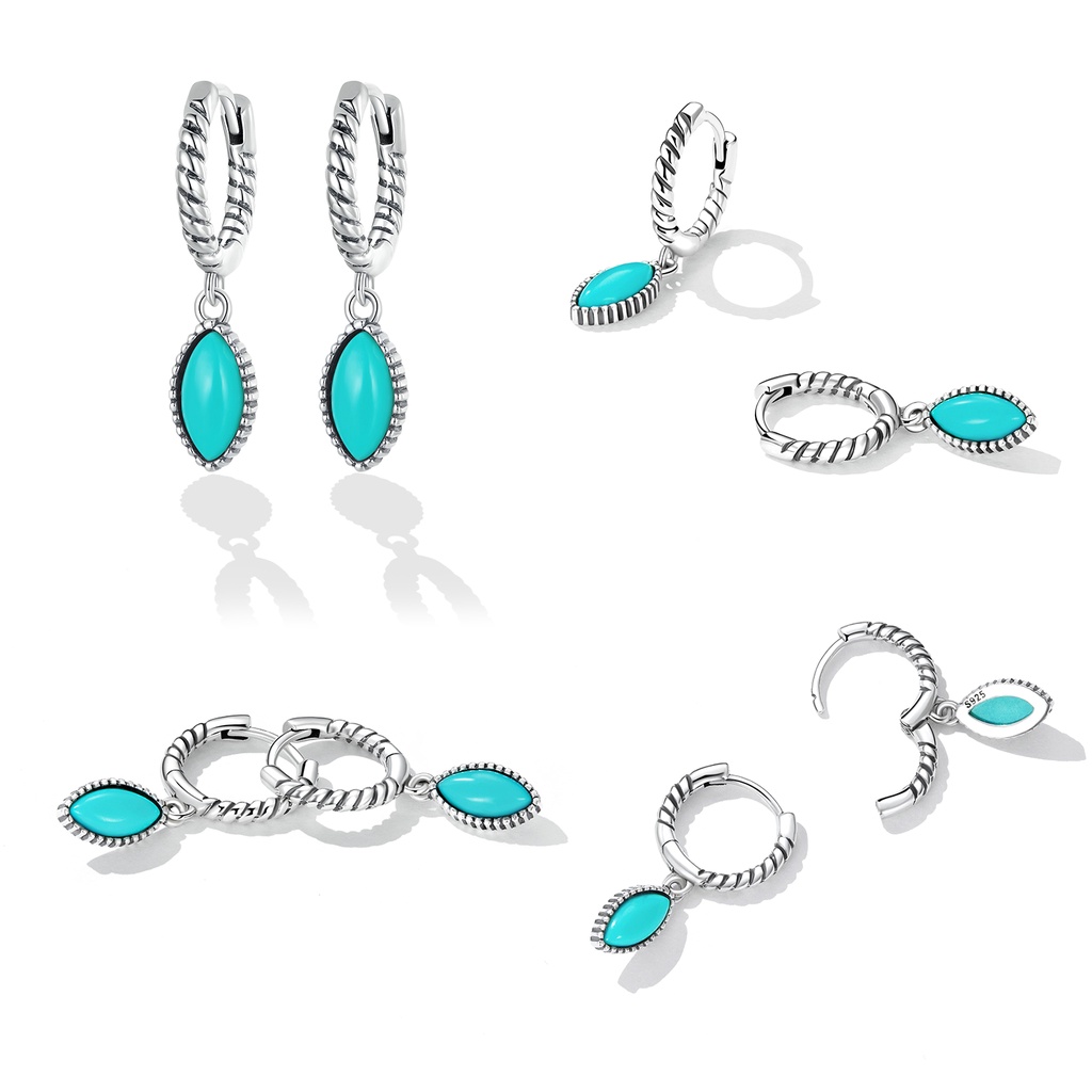 Khuyên tai BAMOER bạc 925 đính ngọc lam nhân tạo kiểu xoắn thời trang cho nữ