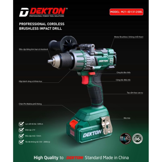 Bộ khoan pin DEKTON M21-ID13120BL 13MM Từ , hệ chân pin makita