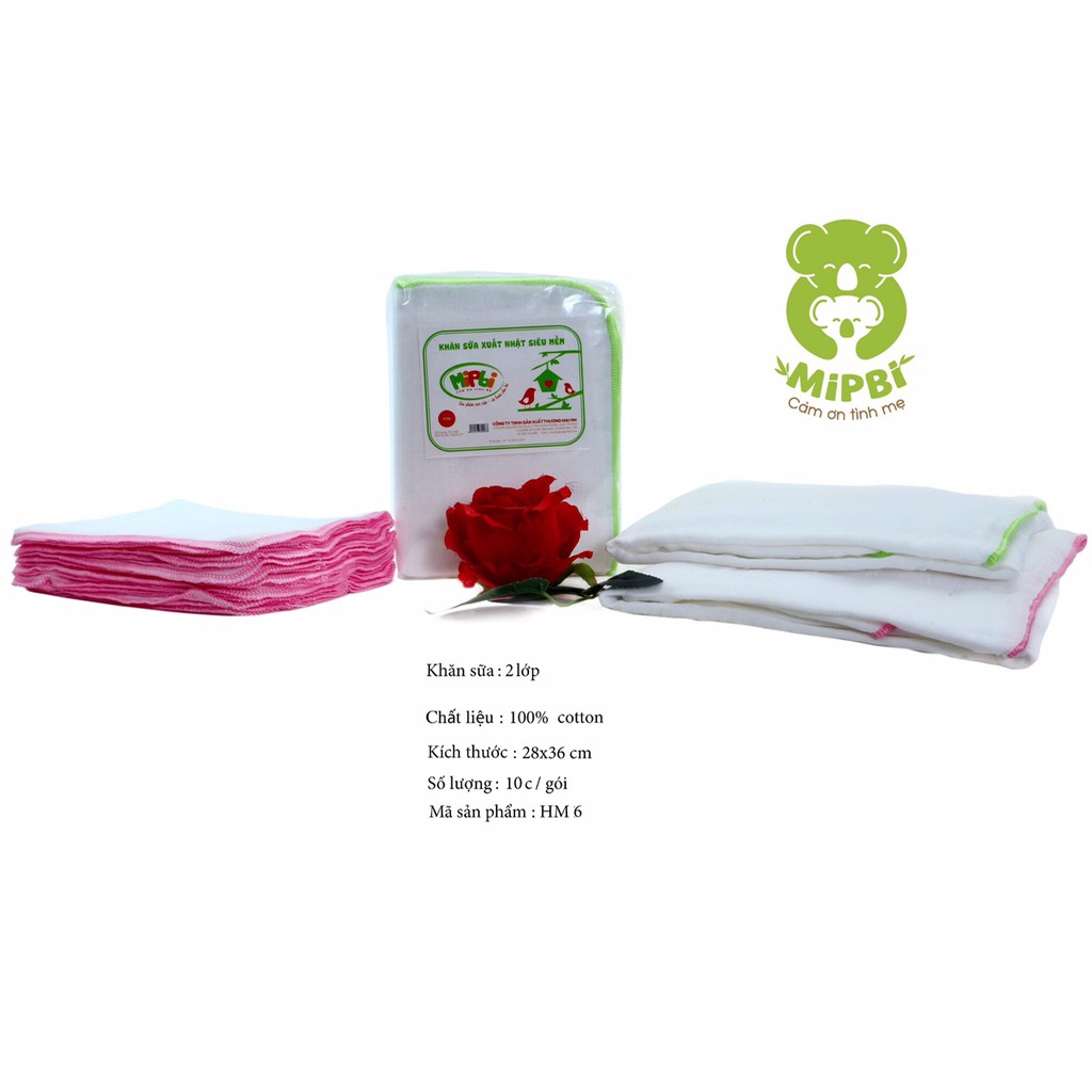 Khăn sữa 2,3,4 lớp Mipbi gói 10 chiếc kích thước 28x35cm