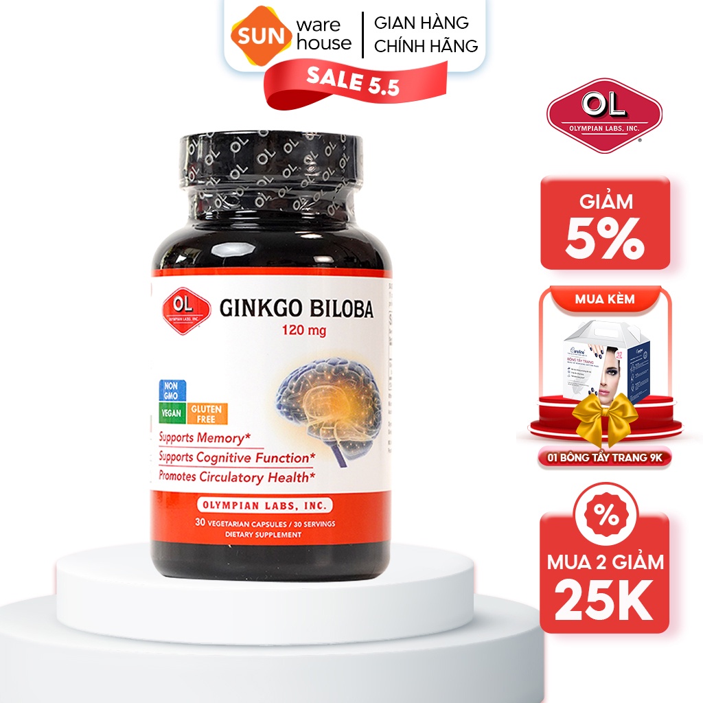 Viên Uống Bổ Não Olympian Labs Ginkgo Biloba 120 mg Tăng Trí Nhớ Hiệu Quả 30 Viên