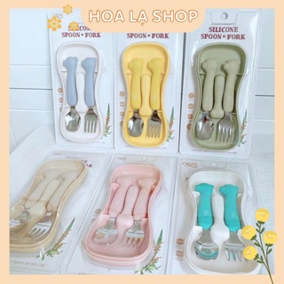 Set thìa + dĩa silicon cán inox dài cho bé