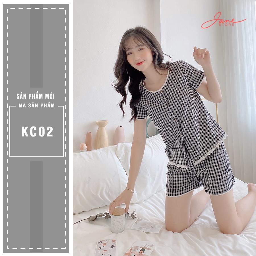 Bộ đồ mặc nhà nữ cổ tròn Set đồ nữ kẻ chất thô, màu đỏ JANE mã KC01