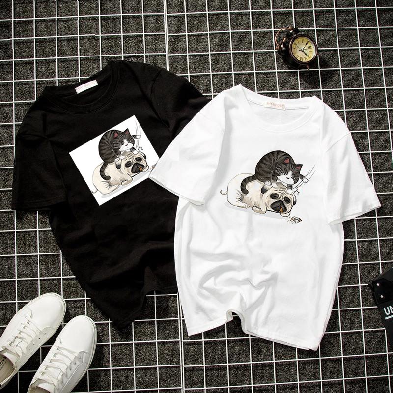 Áo thun unisex form rộng mèo hoàng thượng và chó pug vải dày mịn 2019T2124