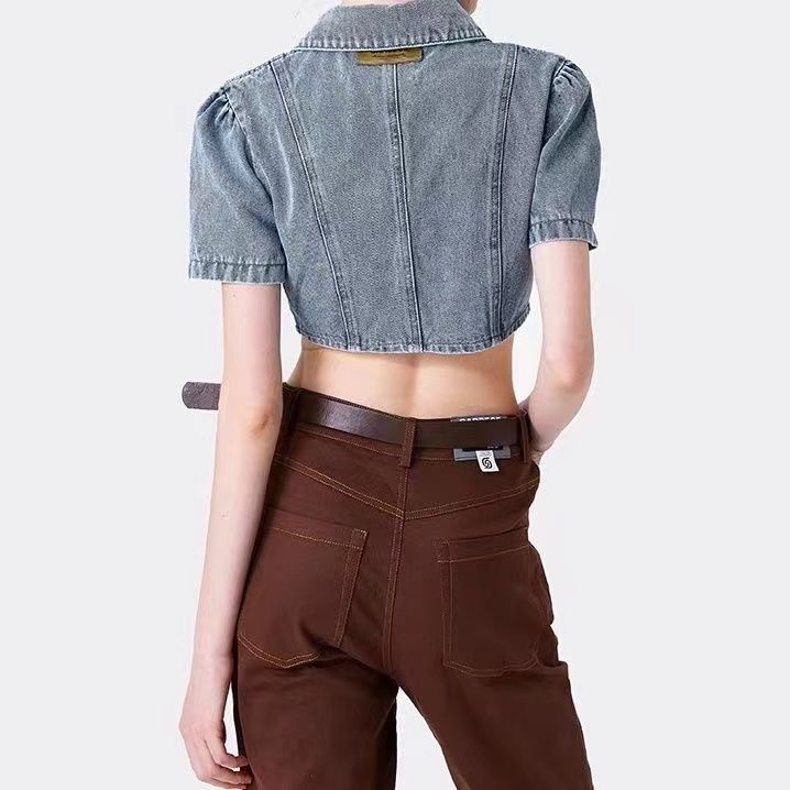 Phong Cách Mới Áo Sơ Mi Denim Mỏng Tay Ngắn Dáng Rộng Cột Dây Màu Tinh Khiết Hình Cô Gái Nóng Bỏng Garbege Series Cho Nữ