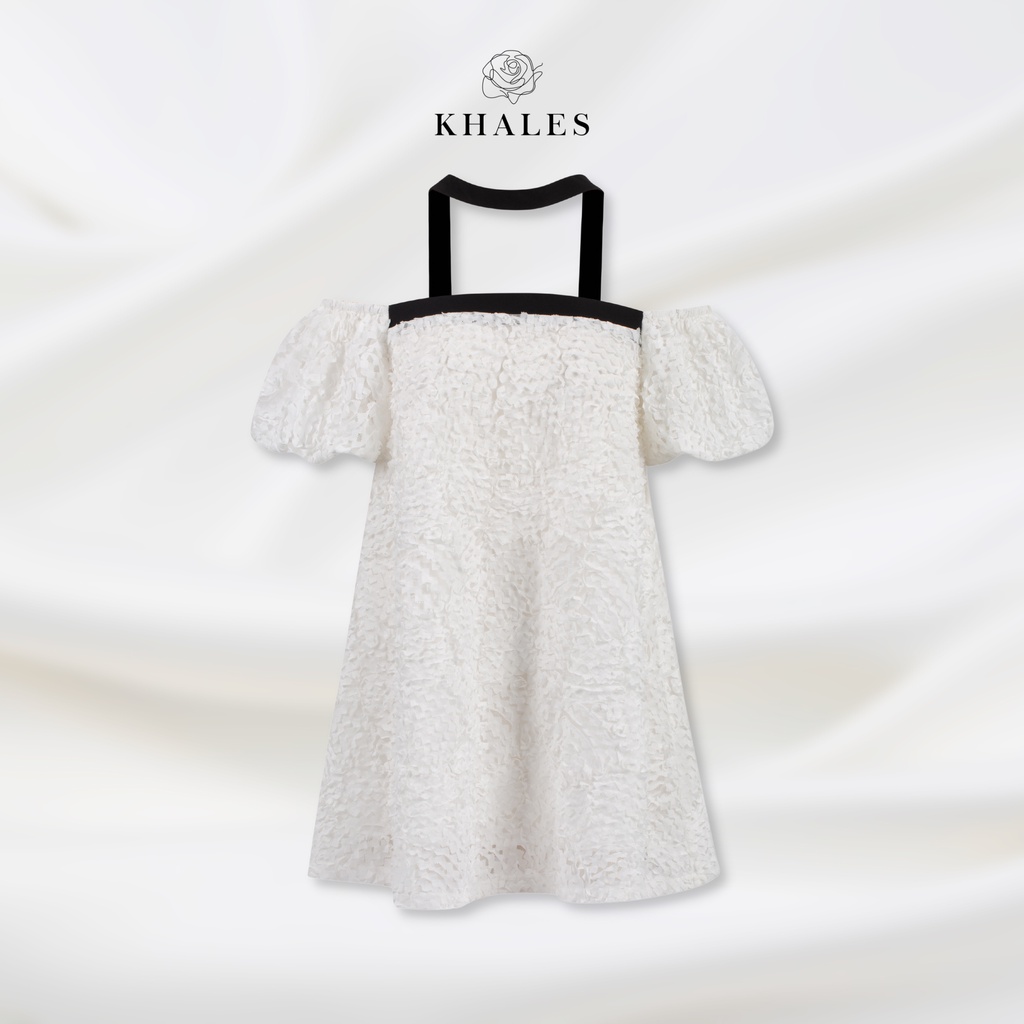 Đầm váy KHALES Phoebe dáng babydoll tay bồng vải ren trắng hoa nổi