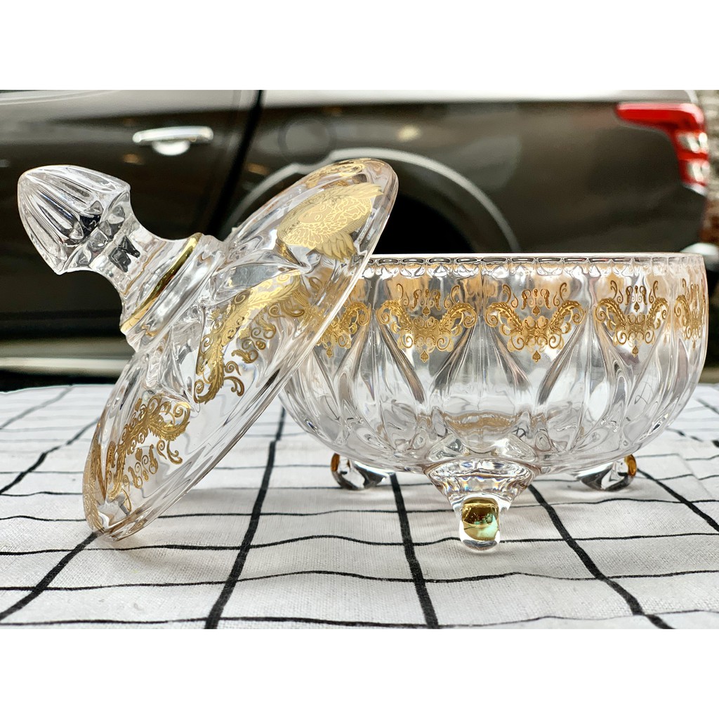 [Sỉ] Âu thố hũ pha lê có chân mạ vàng có nắp đậy đựng ô mai mứt bánh kẹo sang trọng cao cấp dày dặn đẹp M3