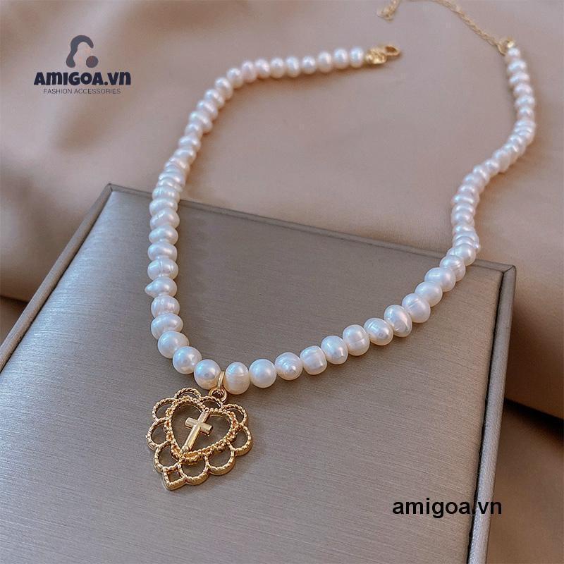 ✨✨Vòng cổ chuỗi hạt ngọc trai giả mặt dây hình trái tim đính đá giả thời trang sang trọng cho nữ