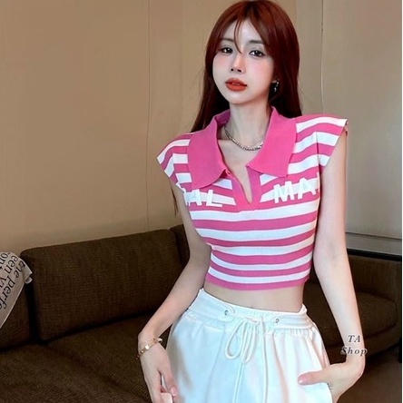 Xả hàng - Áo len mỏng Polo dáng croptop, Áo len kiểu in chữ vai hến AL6037 - NhiNhi Shop