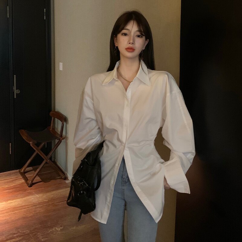 SUXI Áo Sơ Mi Tay Dài Dáng Ôm Chiết Eo Phong Cách Hàn Quốc Dành Cho Nữ