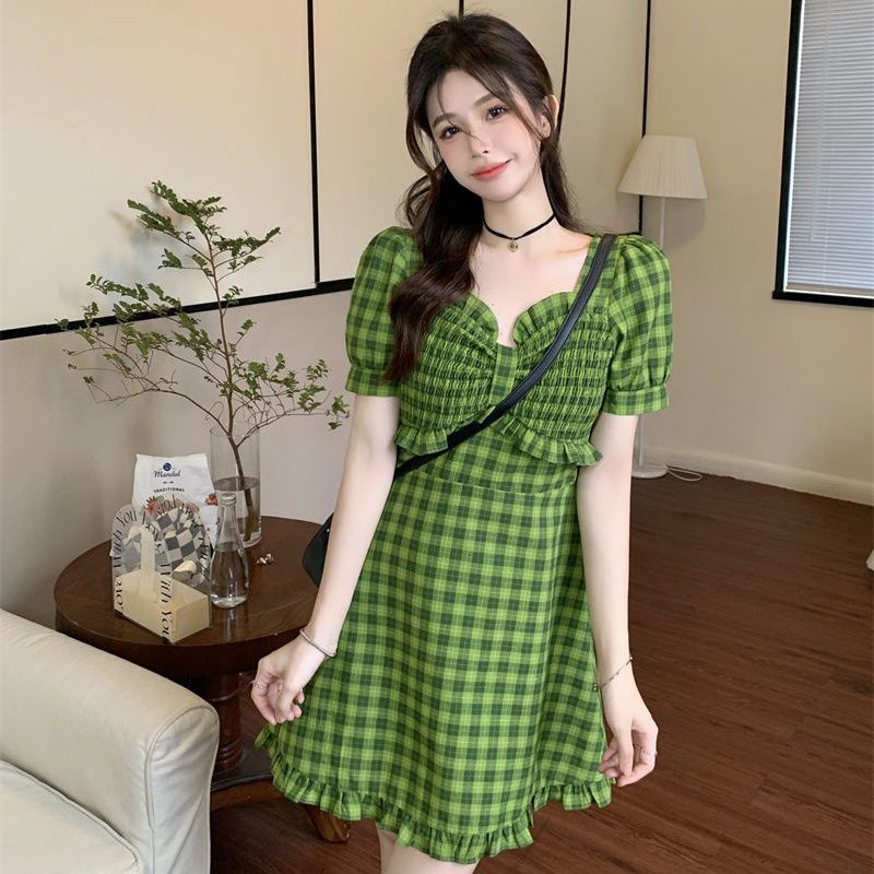 Đầm Tay Ngắn Cổ Vuông Dáng Chữ A Họa Tiết Sọc Caro Phong Cách Hàn Quốc Thời Trang Cho Nữ