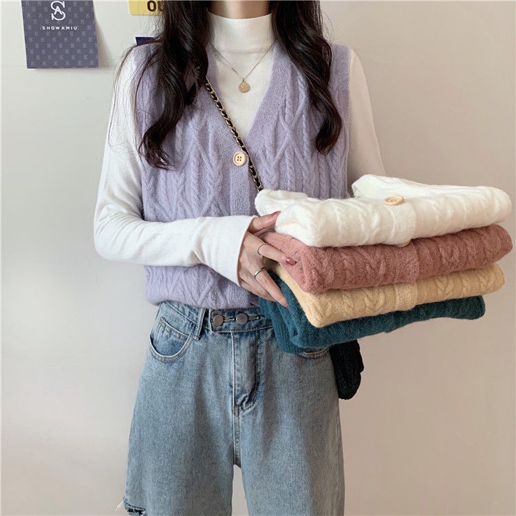 Áo khoác len cardigan không tay cổ chữ V đính khuy đơn giản dễ phối đồ thời trang phong cách Hàn Quốc size S~3XL