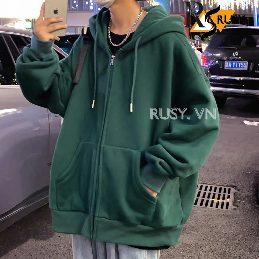 Áo khoác hoodie nỉ khoá zip tay phồng trơn unisex áo cặp cao cấp màu xanh rêu nón 2 lớp dày dặn tay bồng chất nỉ bông