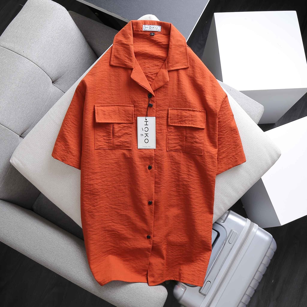Áo sơ mi Nam Nữ  🔅FULL SIZE🔅 Áo sơ mi đũi trơn cộc tay 2 túi ngực 4 màu trắng, đen, cam, bee Size M-L-XL-XXL 45-75kg