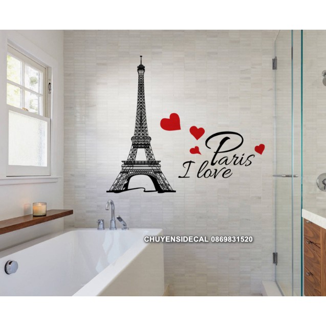Decal trang trí tường - Tháp Paris Tim đỏ