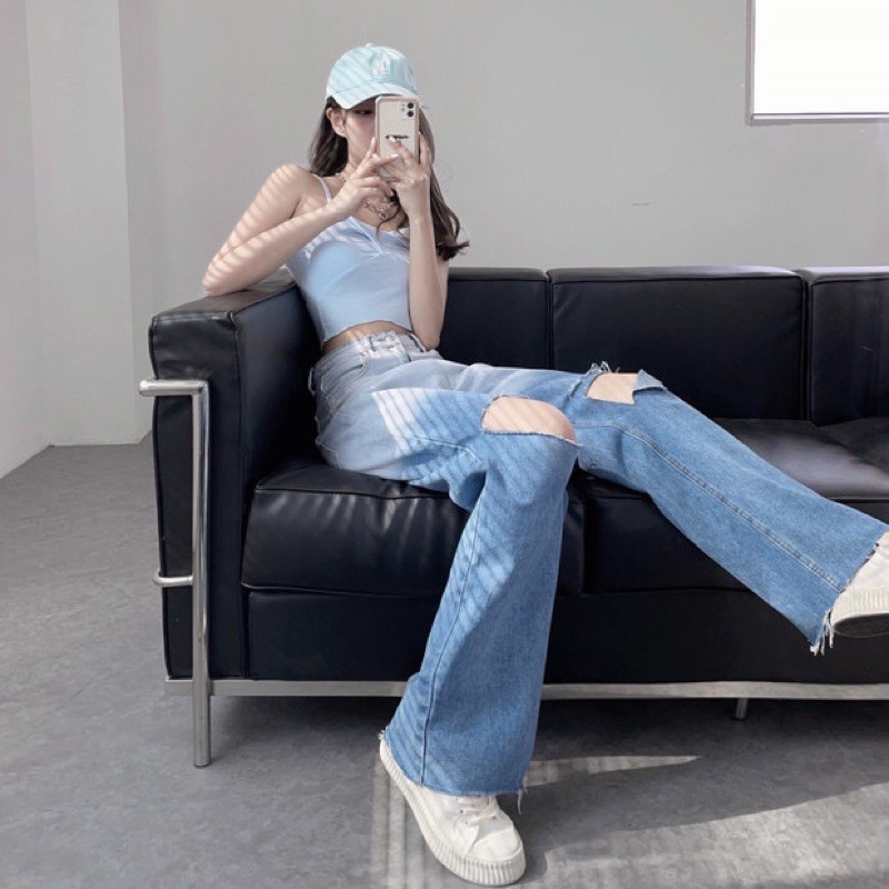 ULZZANG (SẴN) Quần jeans ulzzang ống rộng loang 2 màu rách gối cá tính FASHIONITA 2021 KÈM ẢNH THẬT CUỐI