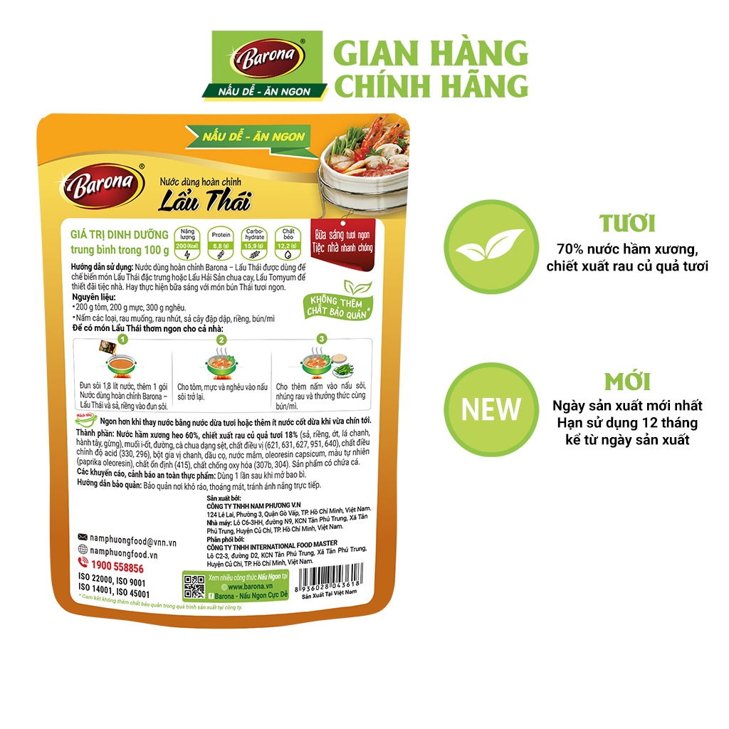 Nước Dùng Lẩu Thái Barona 180g tươi ngon chuẩn vị không cần nêm nếm 1 thùng (40 gói)