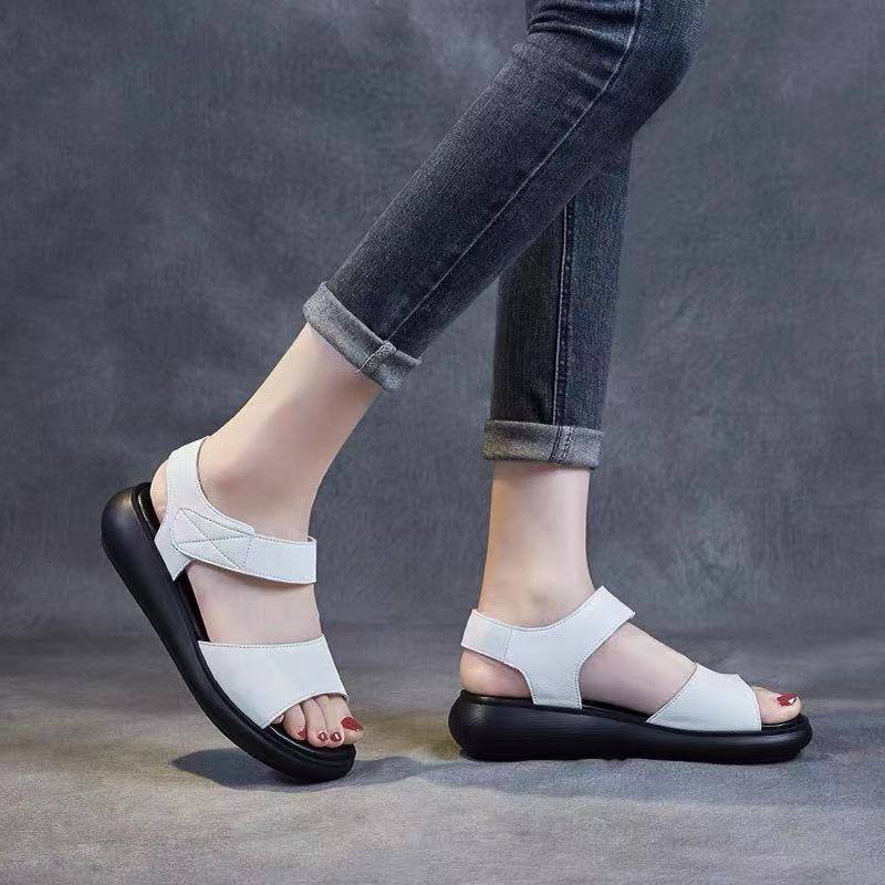 Giày Sandal Bằng Da Mềm Đế Xuồng Dày Thời Trang Mùa Hè Dễ Phối Đồ