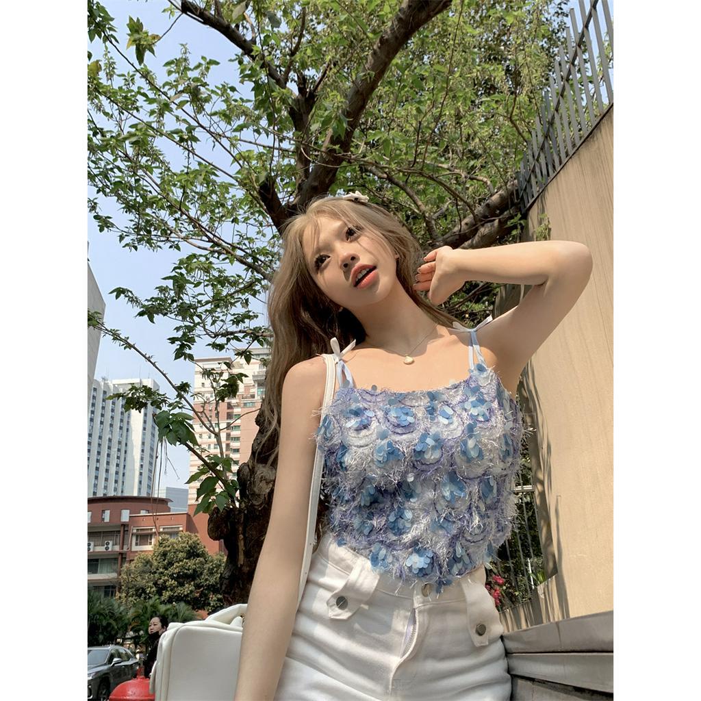 Porozi Áo croptop Hai Dây Dáng Ôm Thắt Nơ Đính Kim Sa Lấp Lánh Thời Trang Cho Bạn Gái