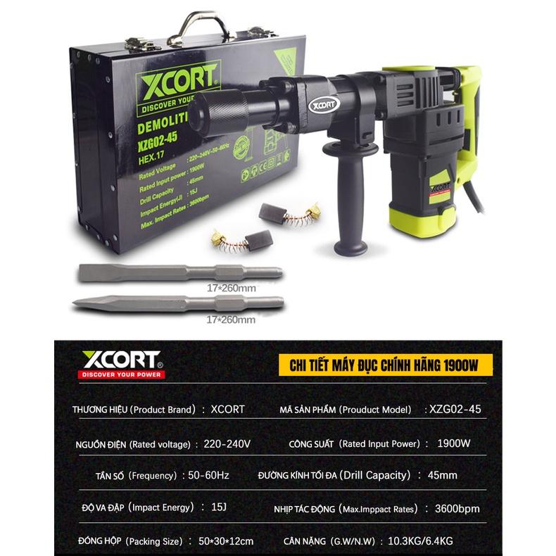 Máy đục bê tông 1900W XCORT Model XZG02-45 Mũi 45mm Lõi đồng Máy cực khỏe