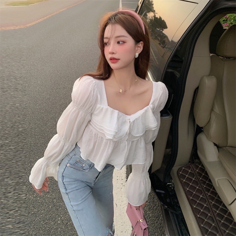 【Hàng Quảng ChâuÁo croptop Zingxu thiết kế bèo tầng bồng bểnh tiểu thư  dáng croptop Quảng Châu Tay Dài